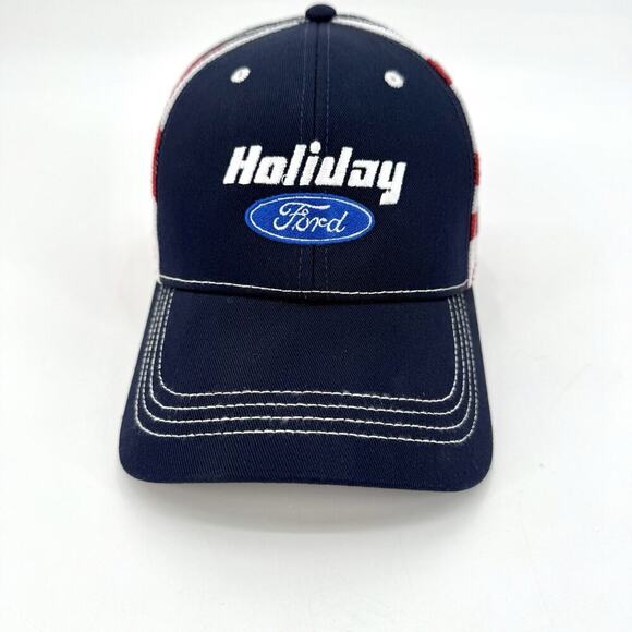 Holiday Ford Embroidered Patch Strap Back Mesh American Flag Trucker Cap - Picture 2 of 8